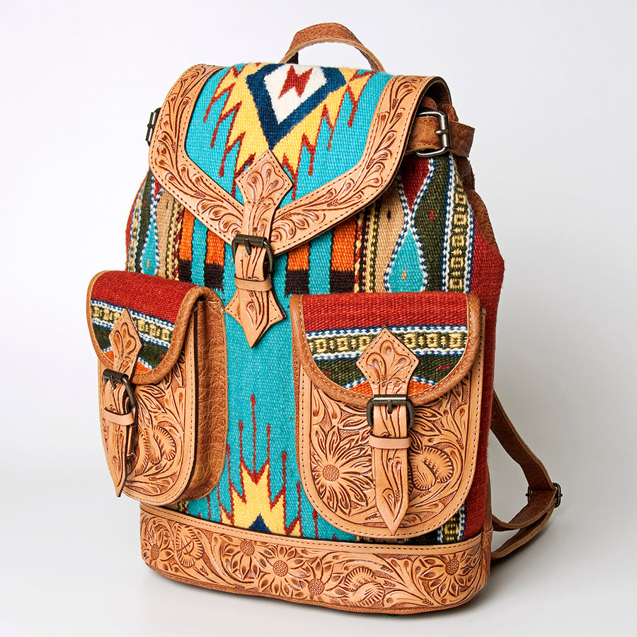 American Darling Handcrafted Floral Tooled Leather and Saddle Blanket Backpack Bag - Uhorse