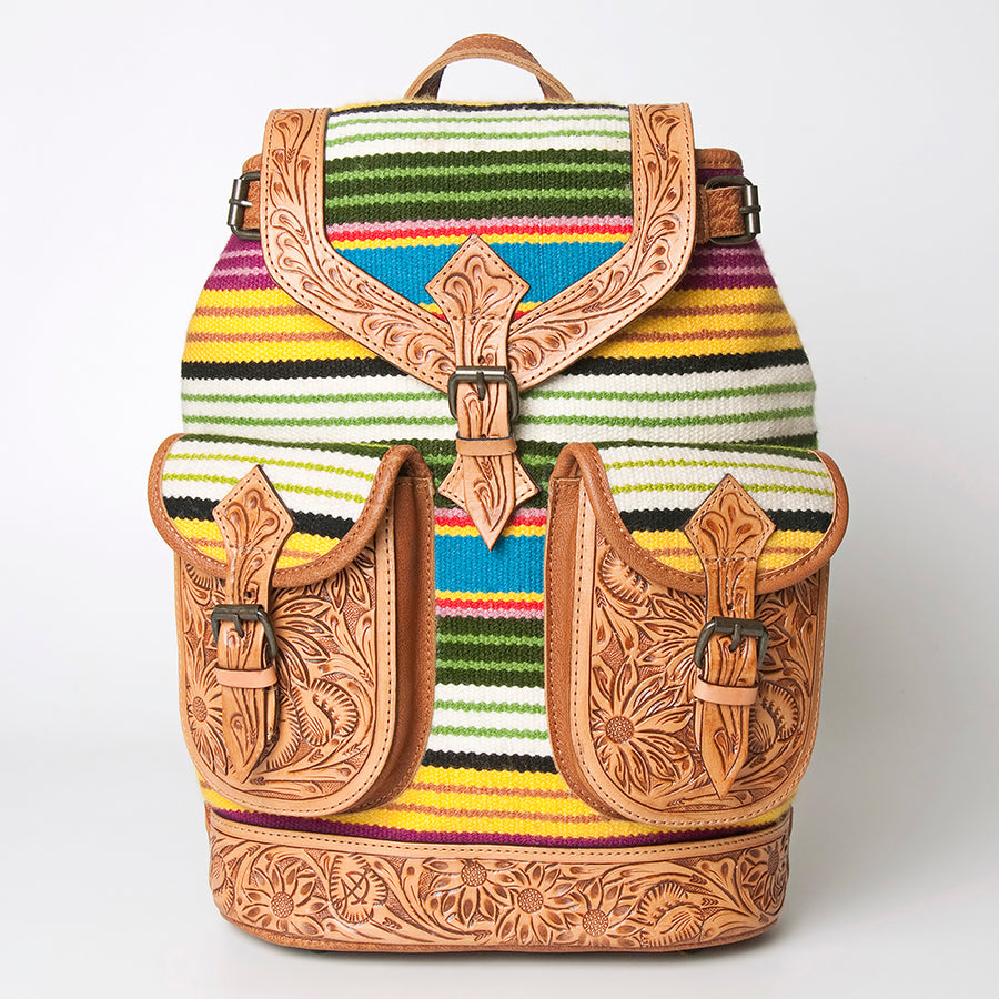 American Darling Backpack Bag Western Hand Tooled Floral Genuine Leather with Hair-On Cowhide & YKK Zipper for Women