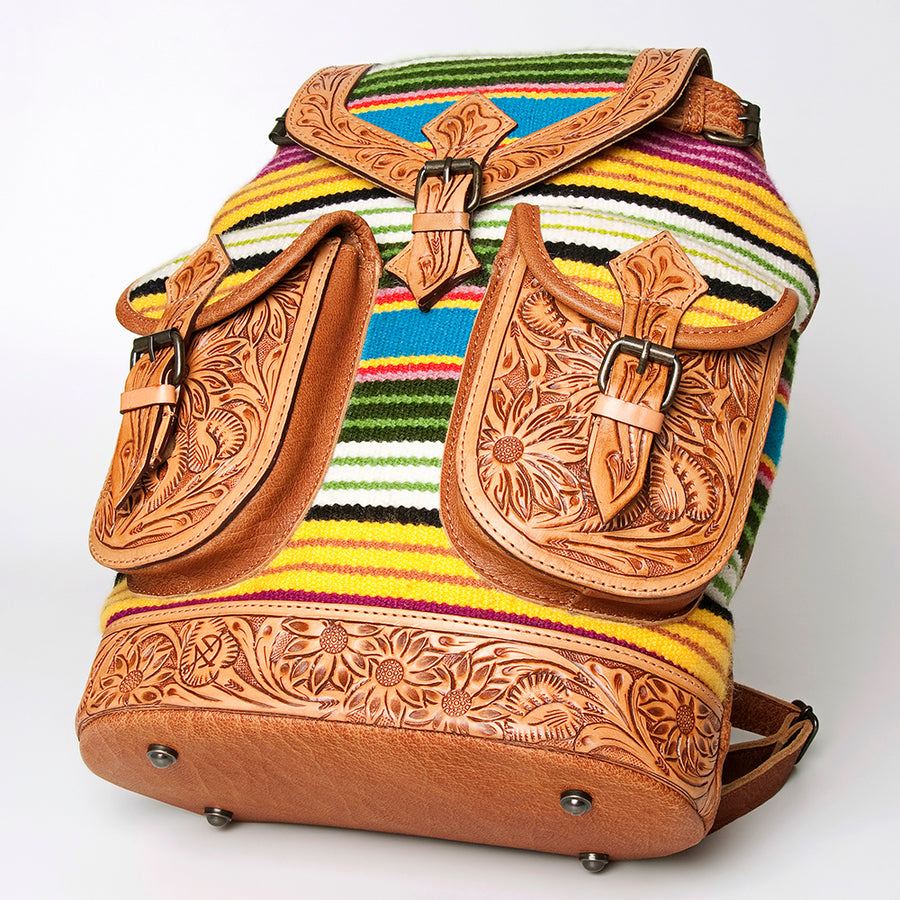 American Darling Backpack Bag Western Hand Tooled Floral Genuine Leather with Hair-On Cowhide & YKK Zipper for Women