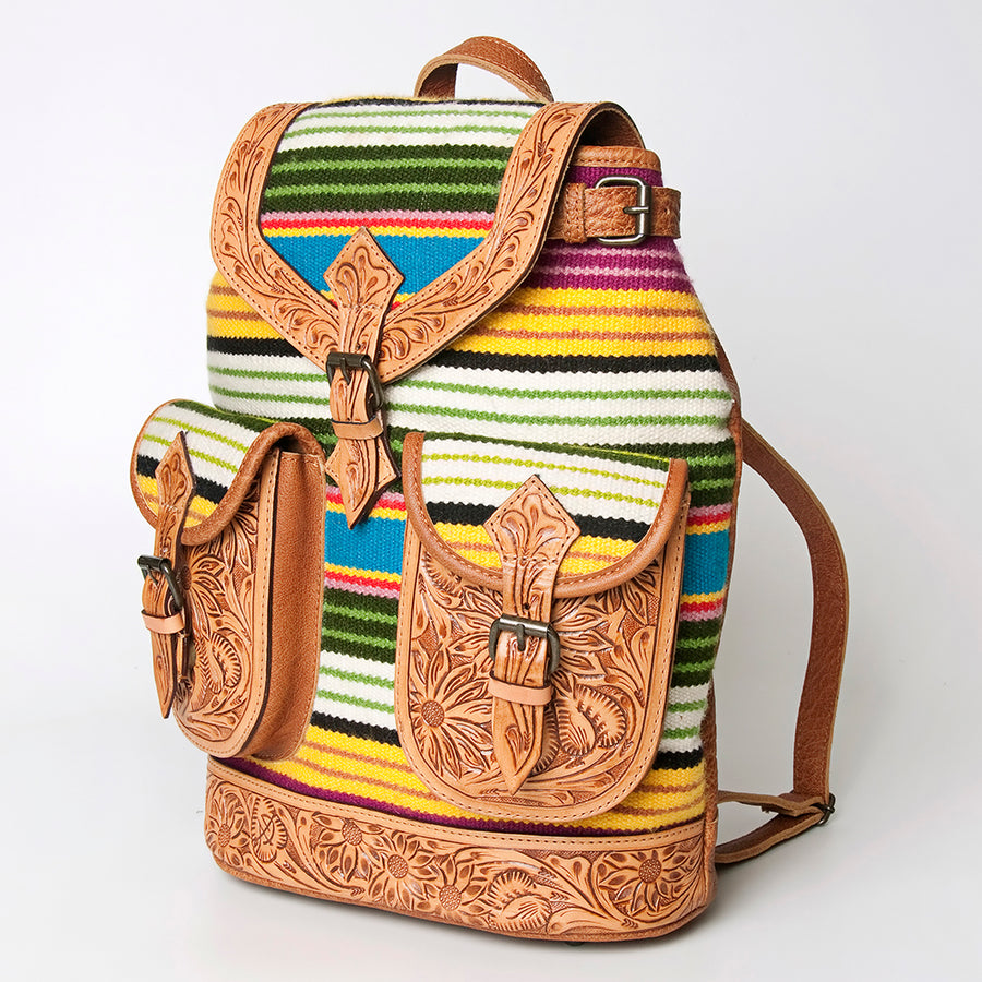 American Darling Handcrafted Floral Tooled Leather and Saddle Blanket Backpack Bag - Uhorse