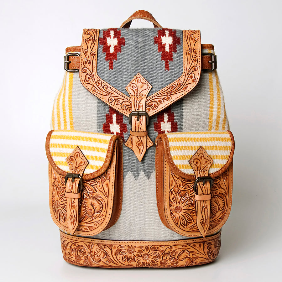 American Darling Backpack Bag Western Hand Tooled Floral Genuine Leather with Hair-On Cowhide & YKK Zipper for Women
