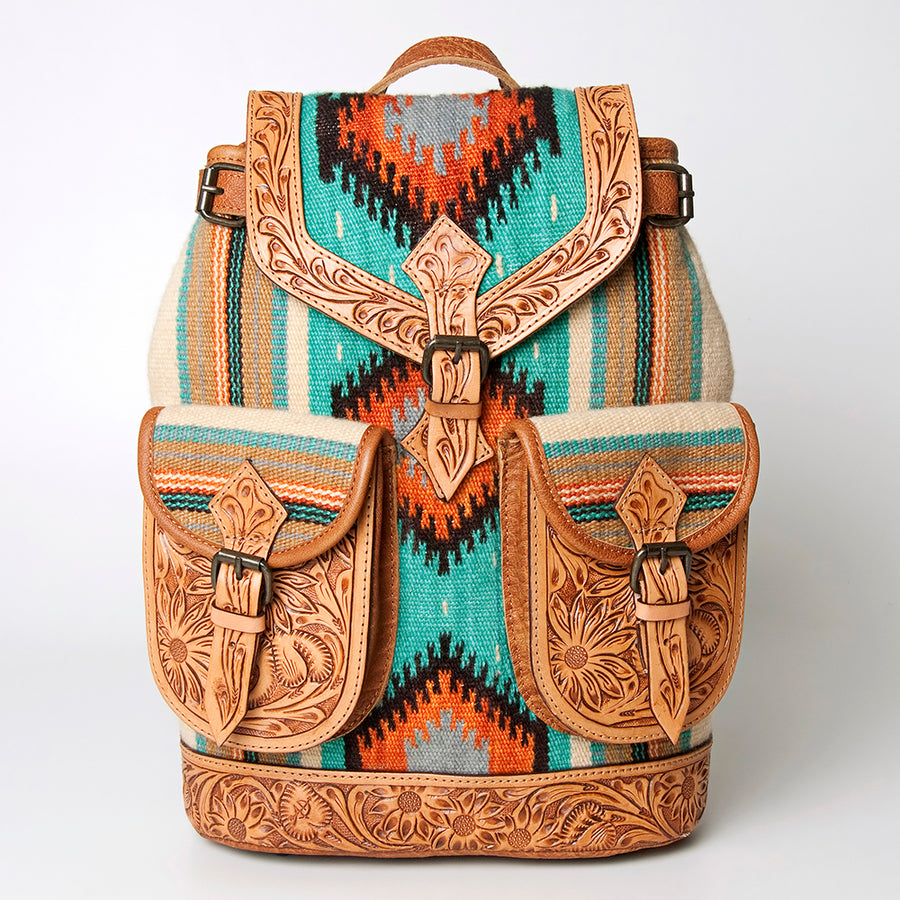 American Darling Backpack Bag Western Hand Tooled Floral Genuine Leather with Hair-On Cowhide & YKK Zipper for Women