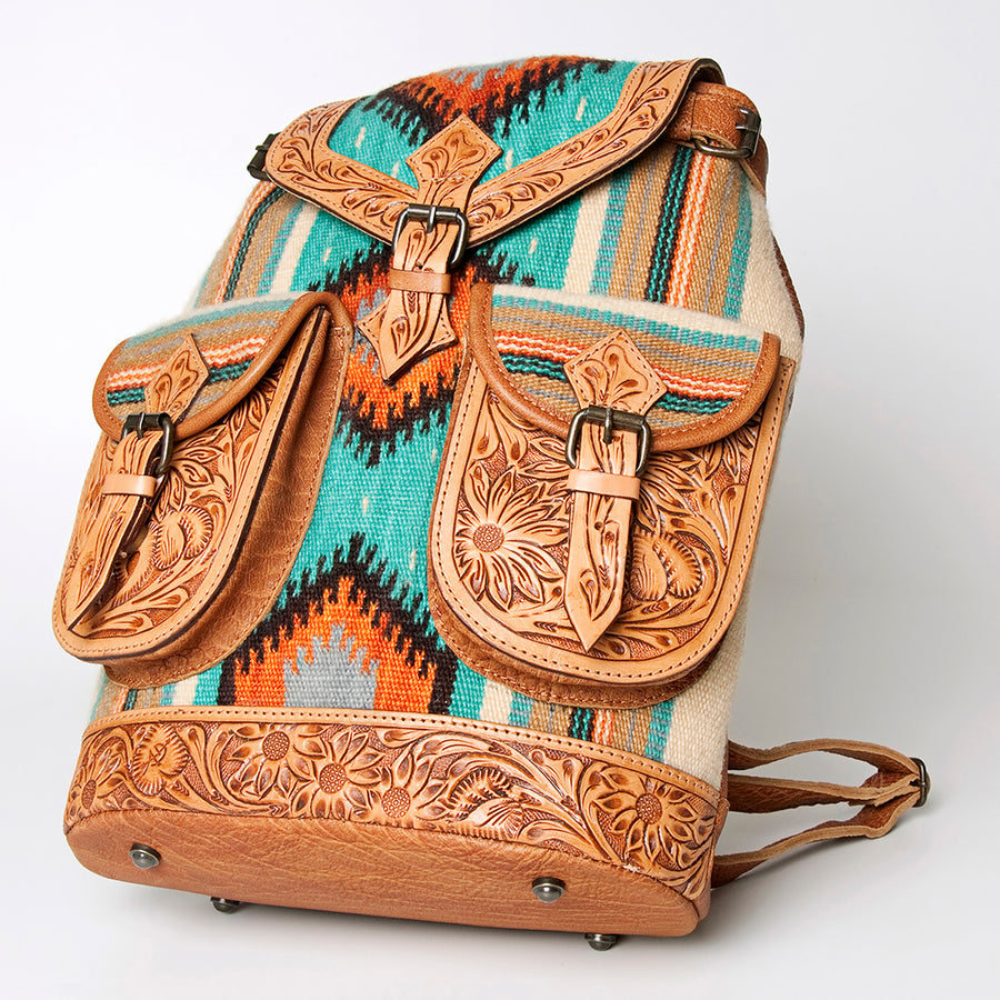 American Darling Backpack Bag Western Hand Tooled Floral Genuine Leather with Hair-On Cowhide & YKK Zipper for Women