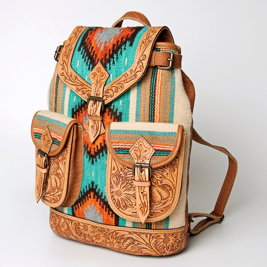 American Darling Handcrafted Floral Tooled Leather and Saddle Blanket Backpack Bag - Uhorse