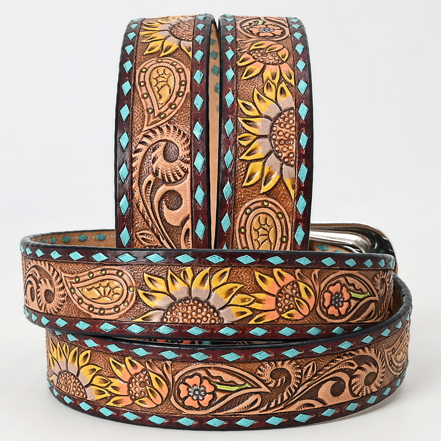 American Darling Beautifully Hand Tooled Tan Genuine Leather Belt Men and Women Western with Removable Buckle