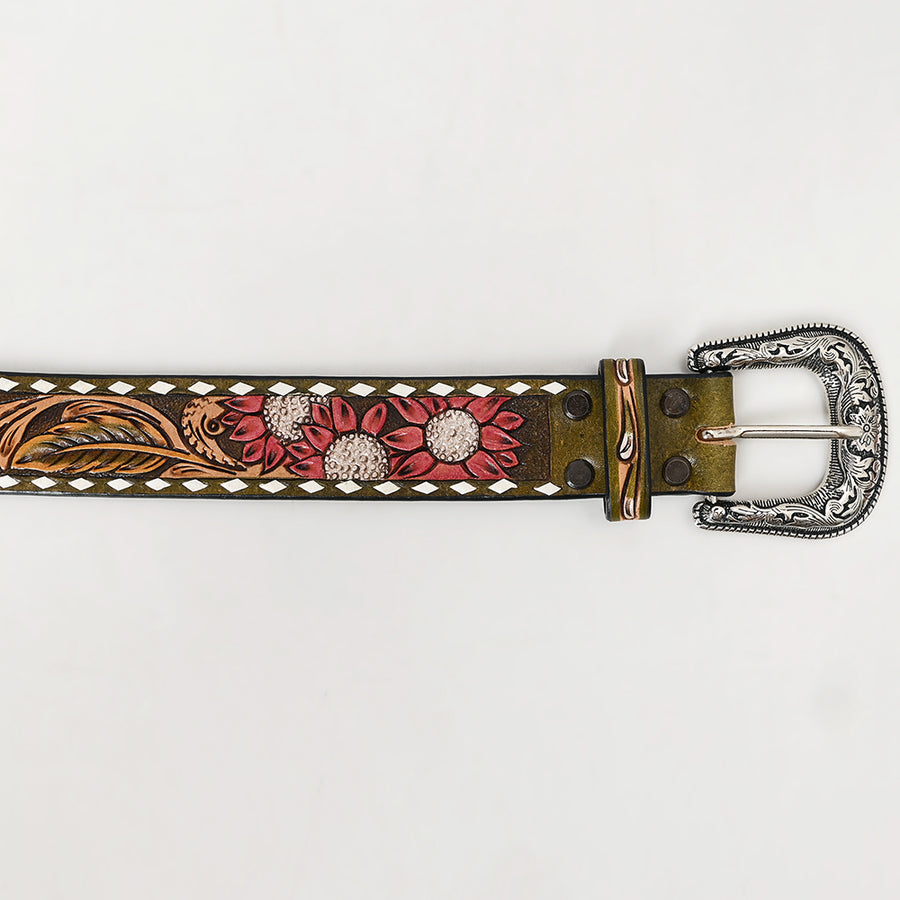 American Darling Beautifully Hand Tooled Green Genuine Leather Belt Men and Women Western with Removable Buckle