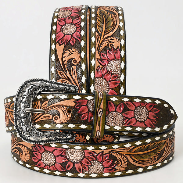 Leather western belt with tooled floral and sunflower design - Uhorse