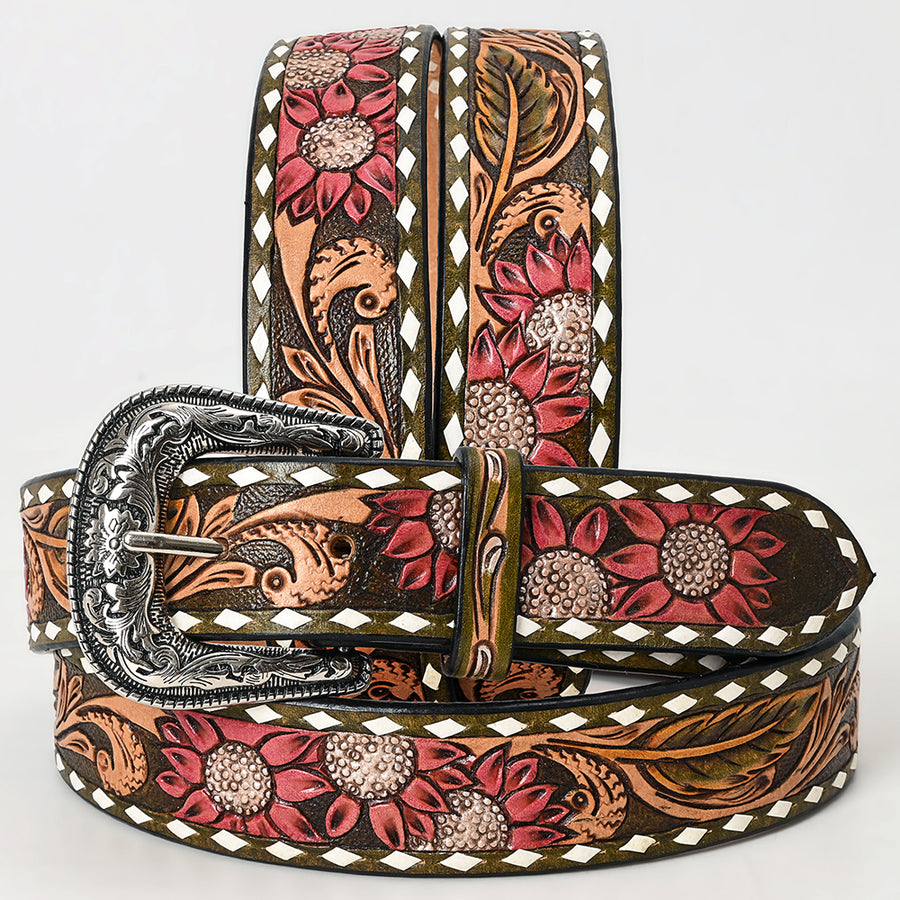 Leather western belt with tooled floral and sunflower design - Uhorse