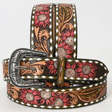 Leather western belt with tooled floral and sunflower design - Uhorse