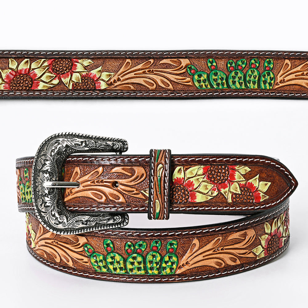 American Darling Beautifully Hand Tooled Brown Genuine American Leather  Belt Men and Women Western Belt with Removable Buckle - Medium