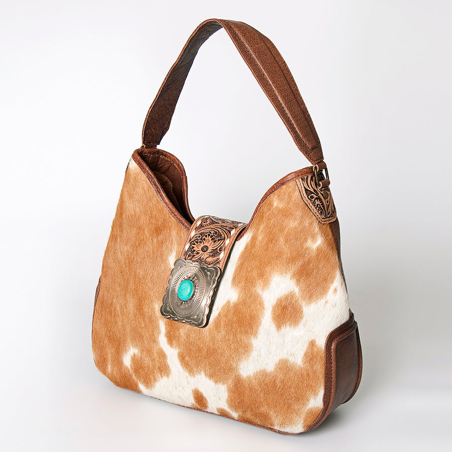 American Darling Hobo Bag Hand Tooled Floral Carved Cowhide Genuine Leather Western Purse with Turquoise Concho & YKK Zipper