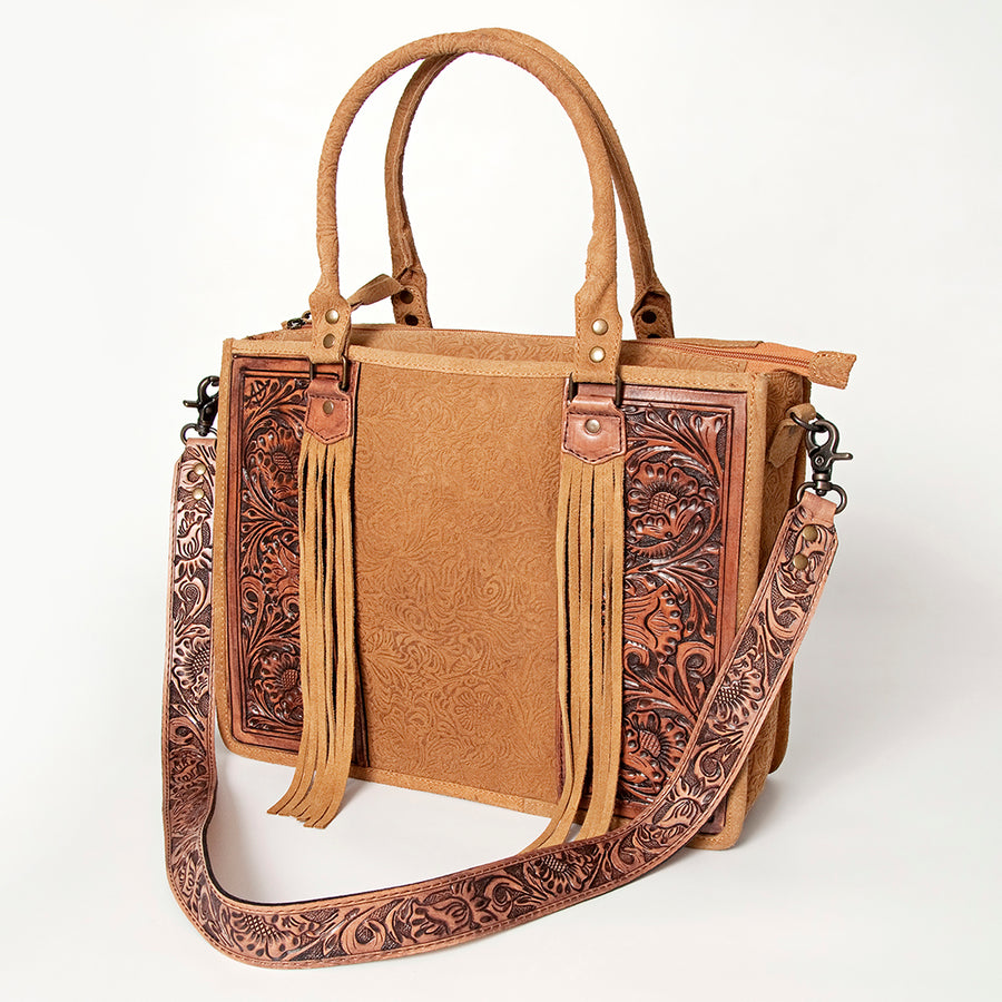 American Darling Western Leather Tote Bag - Hand Tooled Floral Carved Damascus Purse - Uhorse