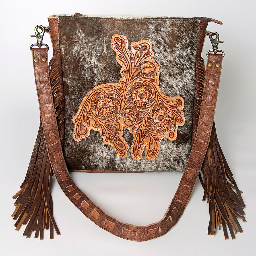 American Darling Large Cross body Bag, Hand Tooled Vegetable-Tanned Leather, Western Fringed Handcrafted Crossbody Purse