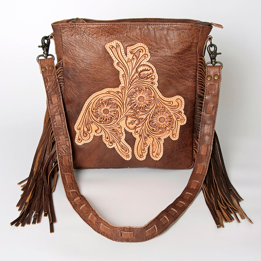 American Darling Large Cross body Bag, Hand Tooled Vegetable-Tanned Leather, Western Fringed Handcrafted Crossbody Purse