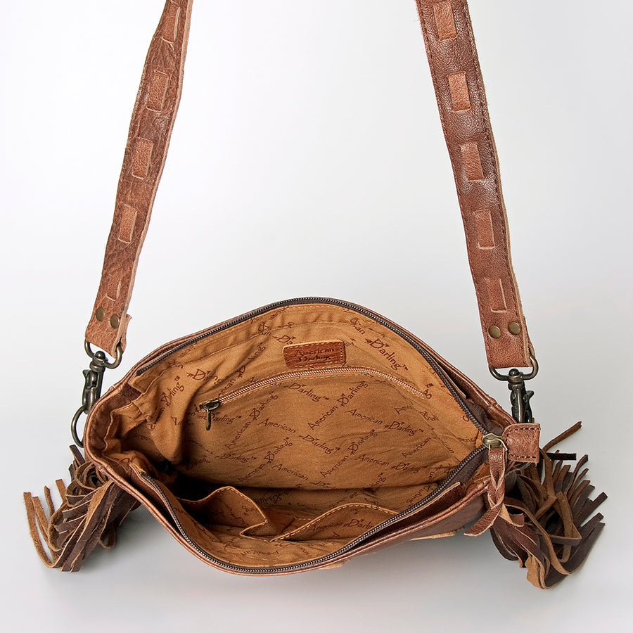 American Darling Large Cross body Bag, Hand Tooled Vegetable-Tanned Leather, Western Fringed Handcrafted Crossbody Purse