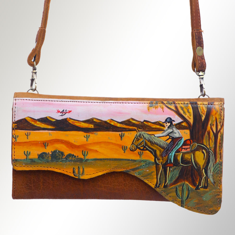 American Darling Small Cross body Bag, Hand Painted Western Scene, Vegetable Tanned Full Grain Leather, 4in (H) X 8in (W) X 1in (D)