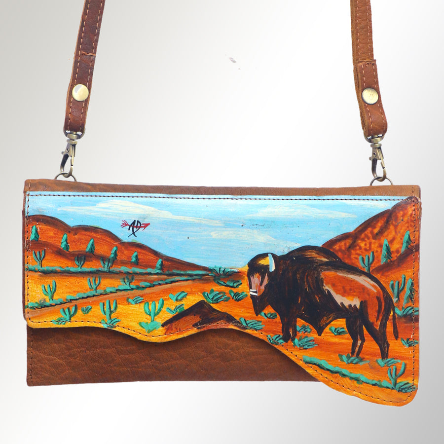 American Darling Small Cross body Bag, Hand Painted Western Scene, Vegetable Tanned Full Grain Leather, 4in (H) X 8in (W) X 1in (D)