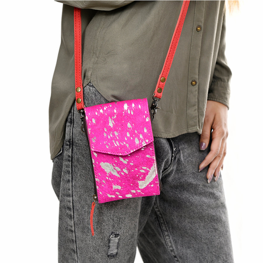American Darling Cell Phone holder, Genuine Hair-On Cowhide & Full Grain Leather, Western Crossbody Bag, 7in X 4in X 1in
