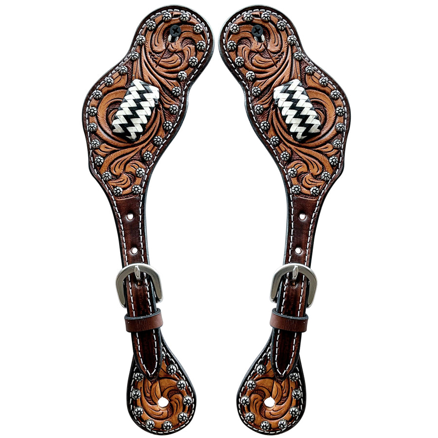 Leather spur straps with tooled design and chevron inlay - Uhorse