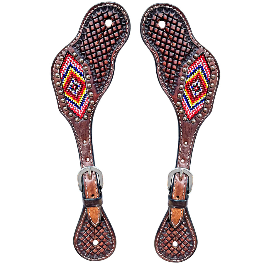 Brown leather spur straps with beaded diamond pattern - Uhorse
