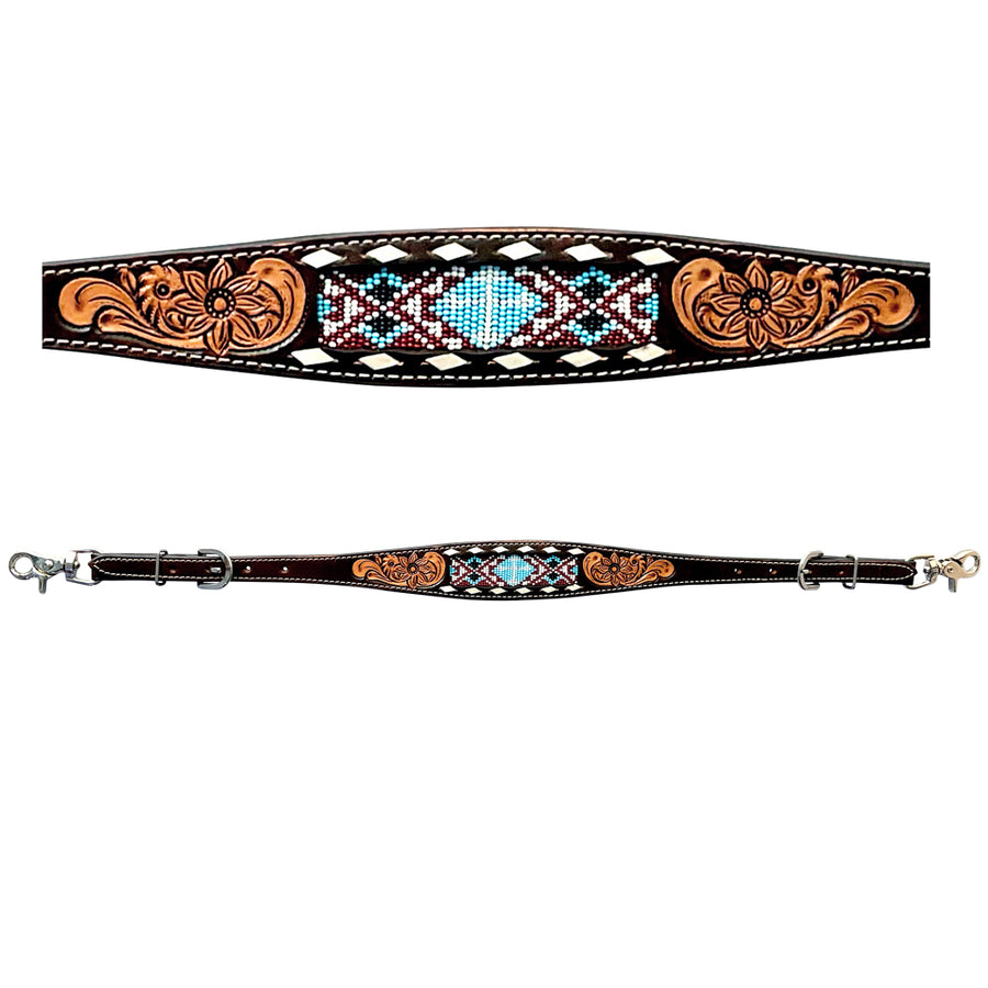 Black leather breast collar with tooled orange floral and beaded turquoise detail - Uhorse
