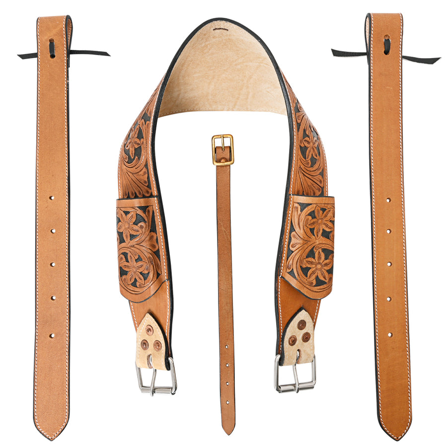 Comfytack Horse Saddle Flank Cinch Girth Handtooled Leather with Billets Tan - Hilason