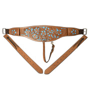 Comfytack By HILASON Genuine Leather Floral tooled Horse Saddle Flank Cinch Girth Turquoise Inlay Billets & Connector