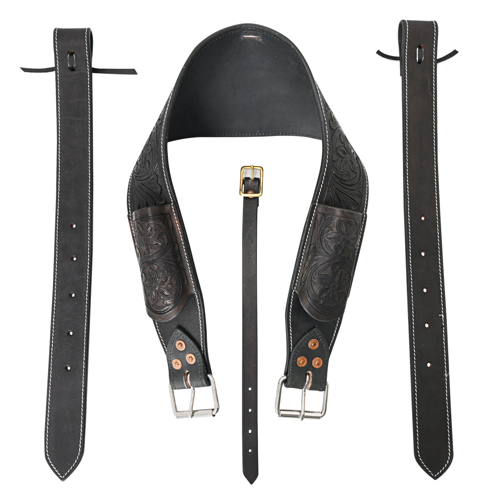 Comfytack Horse Saddle Flank Cinch Girth Handtooled Leather W/ Billets Black