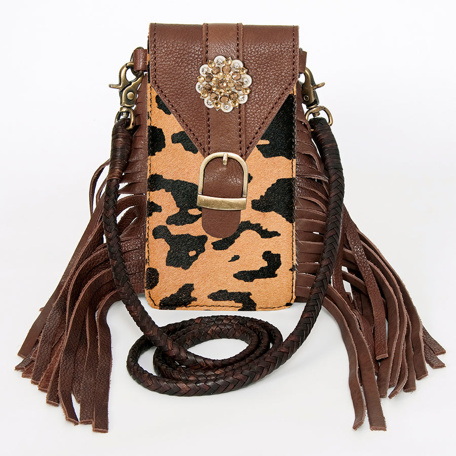 American Darling Hair-On Cowhide Cell Phone Holder Fringes Braided Handle Vegetable-Tanned Genuine Leather YKK Zipper
