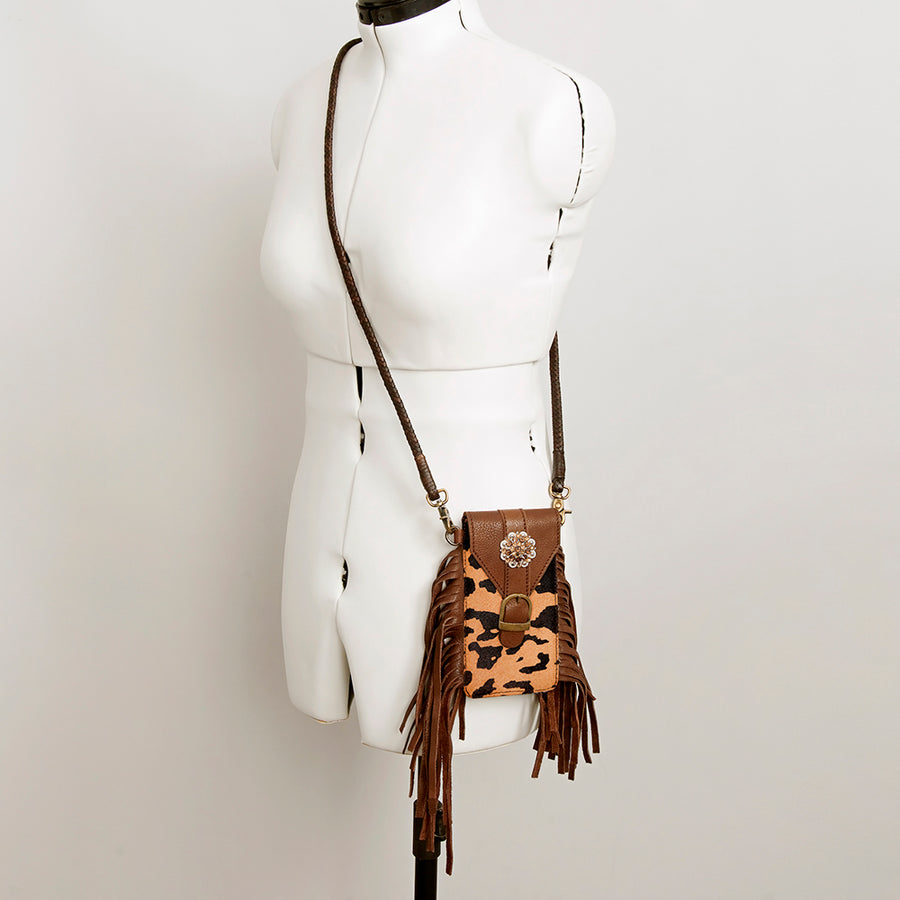American Darling Hair-On Cowhide Cell Phone Holder Fringes Braided Handle Vegetable-Tanned Genuine Leather YKK Zipper