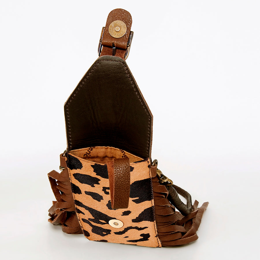 American Darling Hair-On Cowhide Cell Phone Holder Fringes Braided Handle Vegetable-Tanned Genuine Leather YKK Zipper