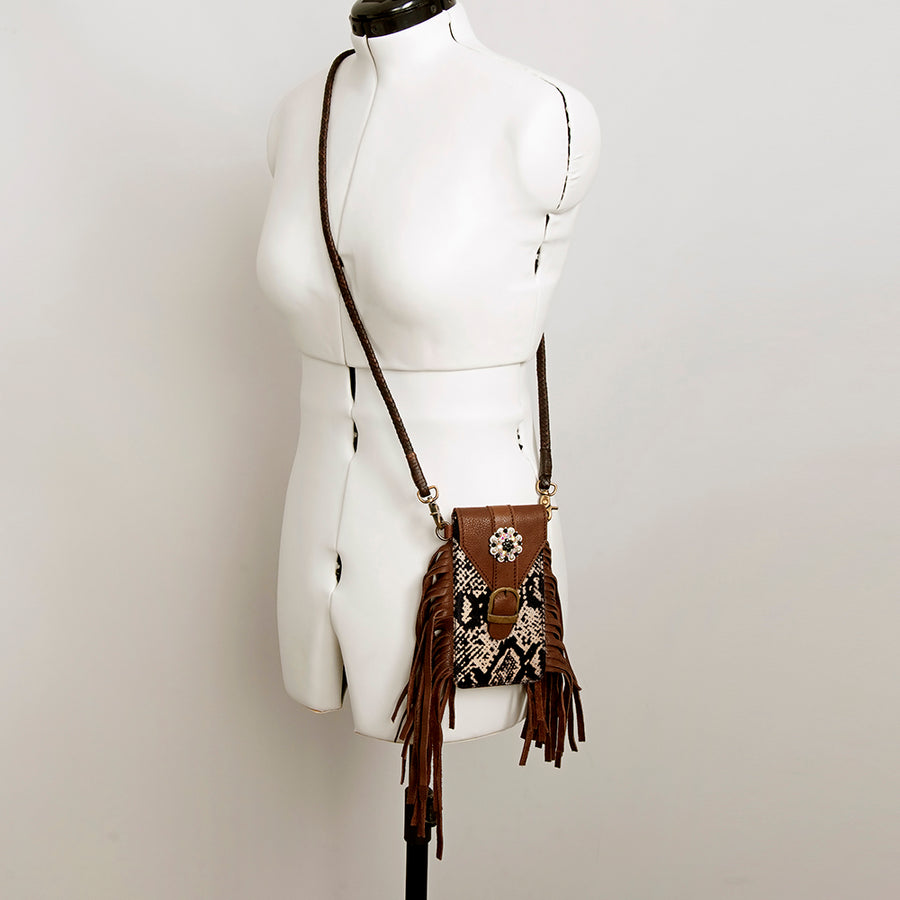 American Darling Hair-On Cowhide Cell Phone Holder Fringes Braided Handle Vegetable-Tanned Genuine Leather YKK Zipper