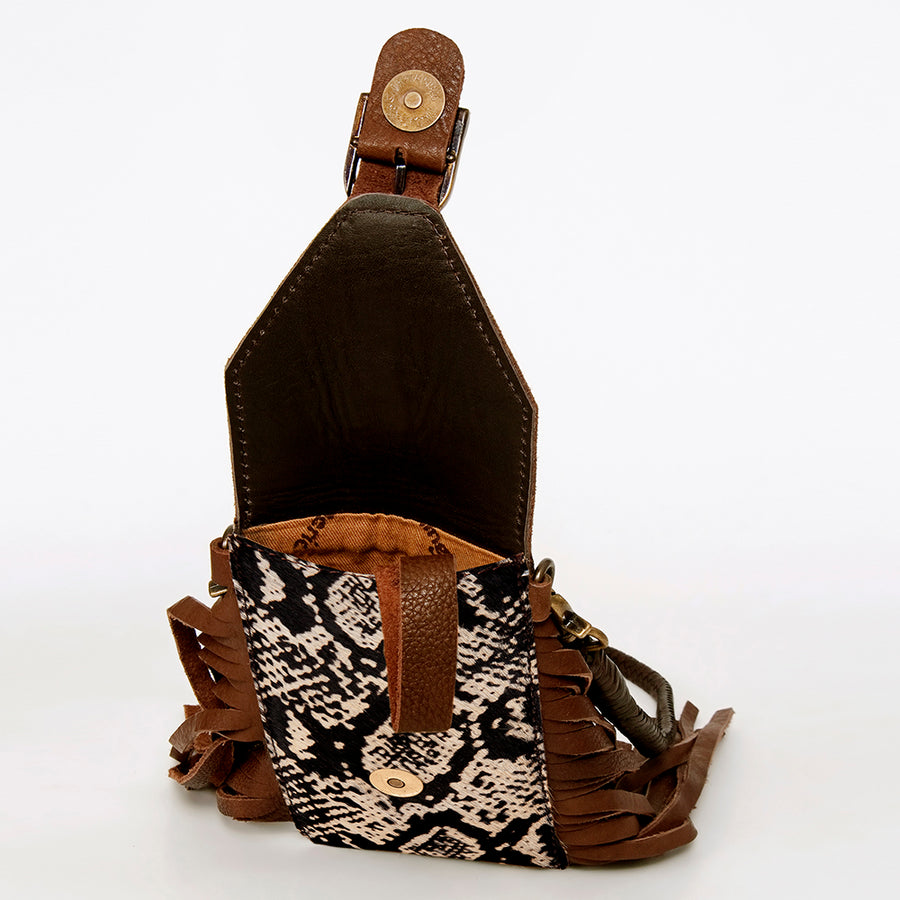 American Darling Hair-On Cowhide Cell Phone Holder Fringes Braided Handle Vegetable-Tanned Genuine Leather YKK Zipper