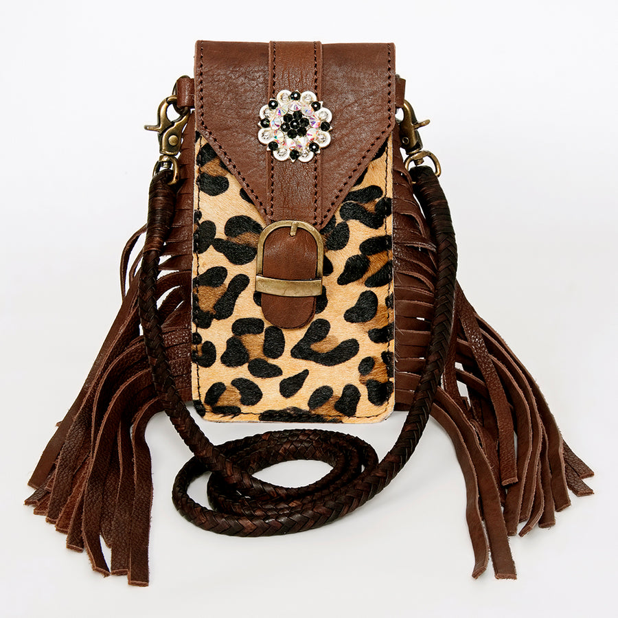 American Darling Hair-On Cowhide Cell Phone Holder Fringes Braided Handle Vegetable-Tanned Genuine Leather YKK Zipper
