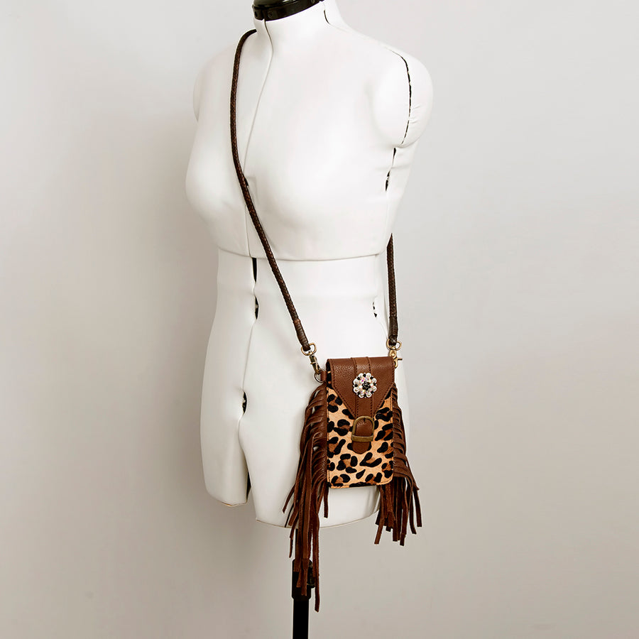 American Darling Hair-On Cowhide Cell Phone Holder Fringes Braided Handle Vegetable-Tanned Genuine Leather YKK Zipper