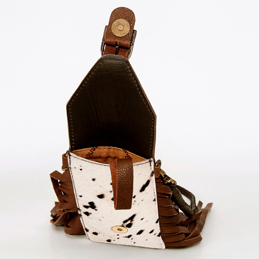 American Darling Hair-On Cowhide Cell Phone Holder Fringes Braided Handle Vegetable-Tanned Genuine Leather YKK Zipper
