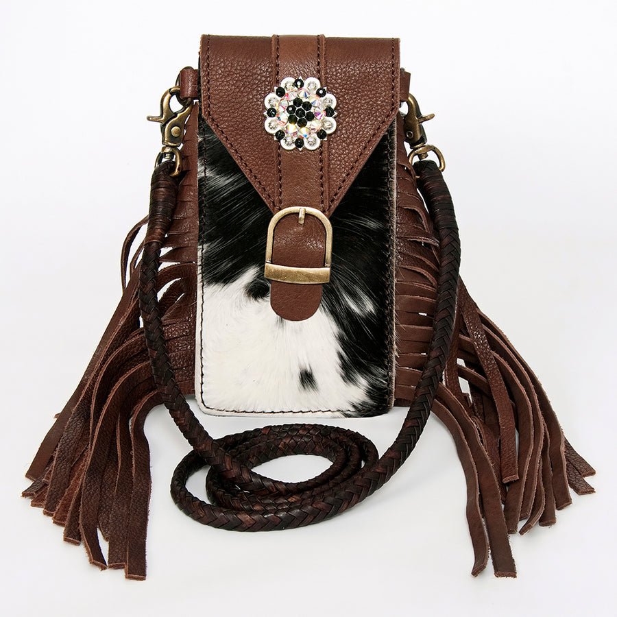 American Darling Hair-On Cowhide Cell Phone Holder Fringes Braided Handle Vegetable-Tanned Genuine Leather YKK Zipper