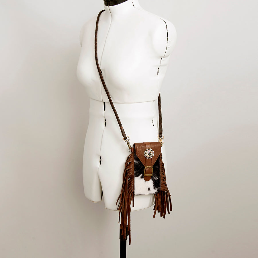 American Darling Hair-On Cowhide Cell Phone Holder Fringes Braided Handle Vegetable-Tanned Genuine Leather YKK Zipper