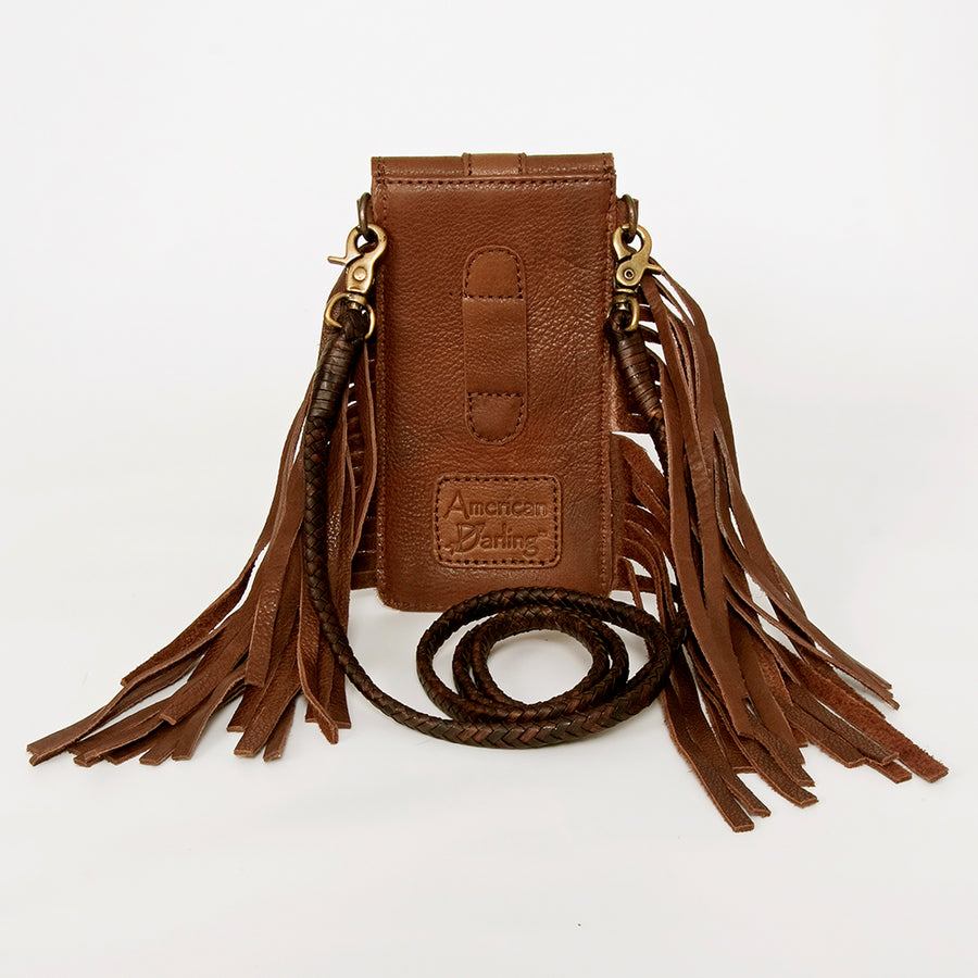 American Darling Hair-On Cowhide Cell Phone Holder Fringes Braided Handle Vegetable-Tanned Genuine Leather YKK Zipper