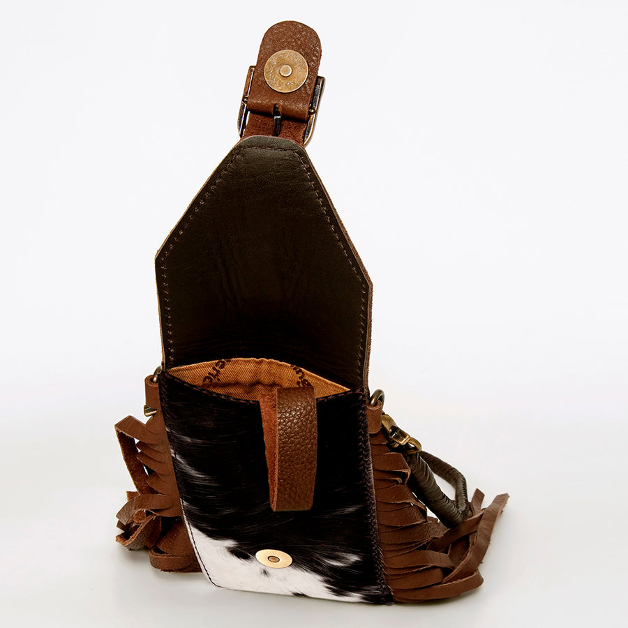 American Darling Hair-On Cowhide Cell Phone Holder Fringes Braided Handle Vegetable-Tanned Genuine Leather YKK Zipper