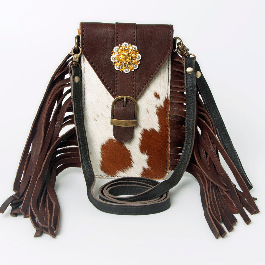 American Darling Hair-On Cowhide Cell Phone Holder Fringes Braided Handle Vegetable-Tanned Genuine Leather YKK Zipper