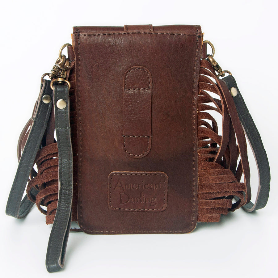 American Darling Hair-On Cowhide Cell Phone Holder Fringes Braided Handle Vegetable-Tanned Genuine Leather YKK Zipper