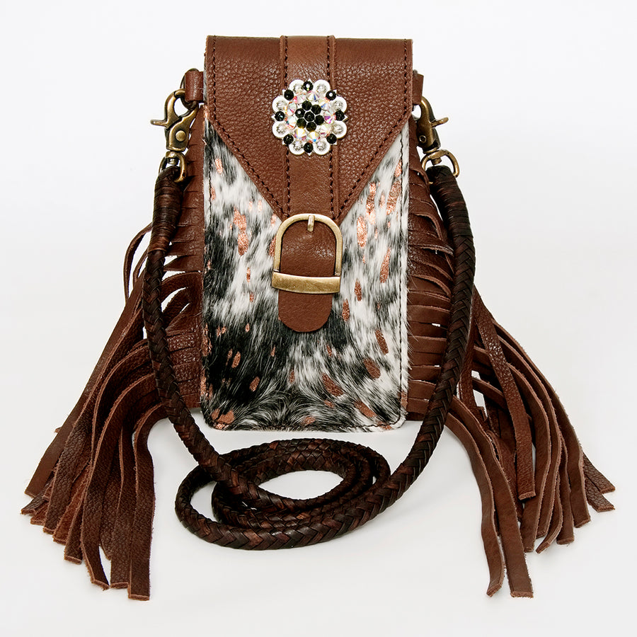 American Darling Hair-On Cowhide Cell Phone Holder Fringes Braided Handle Vegetable-Tanned Genuine Leather YKK Zipper