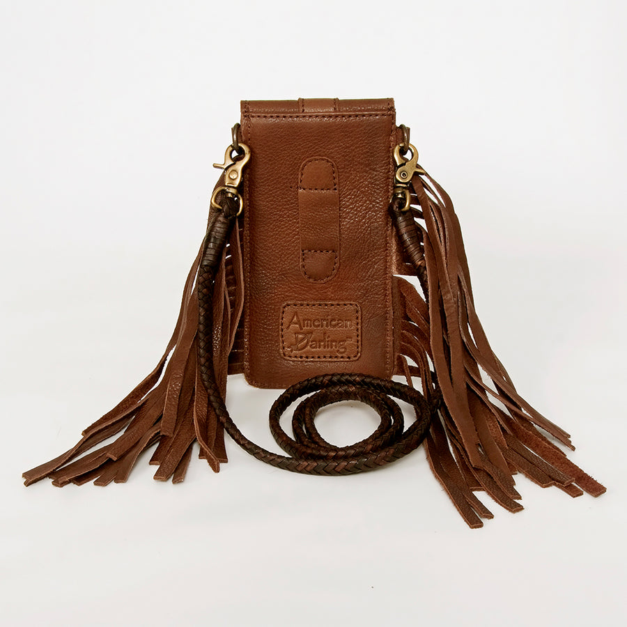 American Darling Hair-On Cowhide Cell Phone Holder Fringes Braided Handle Vegetable-Tanned Genuine Leather YKK Zipper