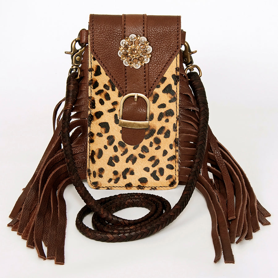 American Darling Hair-On Cowhide Cell Phone Holder Fringes Braided Handle Vegetable-Tanned Genuine Leather YKK Zipper