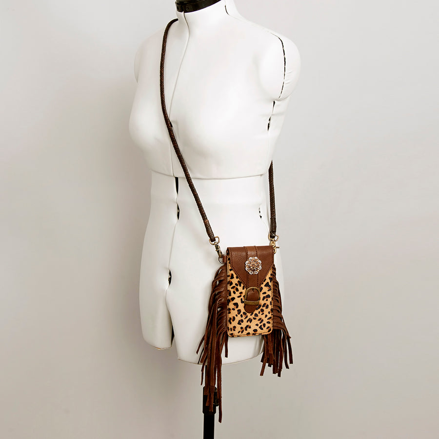 American Darling Hair-On Cowhide Cell Phone Holder Fringes Braided Handle Vegetable-Tanned Genuine Leather YKK Zipper