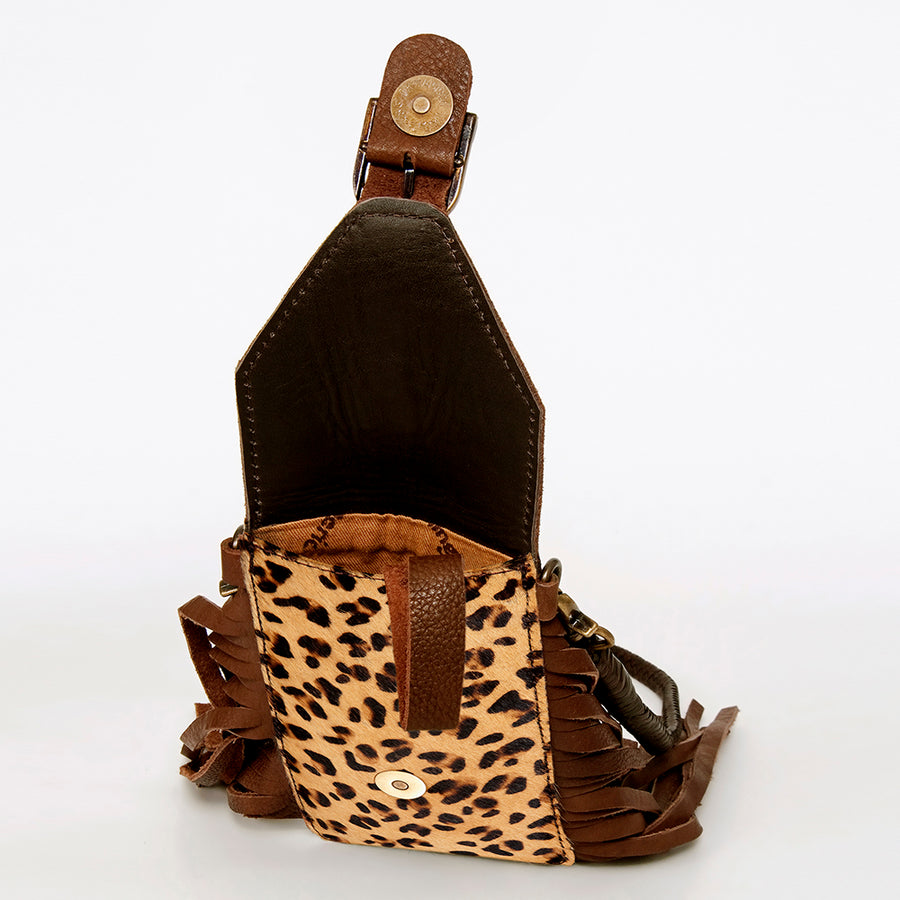 American Darling Hair-On Cowhide Cell Phone Holder Fringes Braided Handle Vegetable-Tanned Genuine Leather YKK Zipper