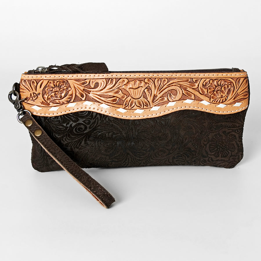 American Darling Wristlet Bag Handcrafted from Floral Embossed Damascus Genuine Leather with YKK Zipper and Wrist Strap