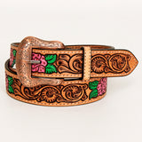 BAR H EQUINE Natural Floral Designs Hand Painted Western Leather Men And Women Belt Tan