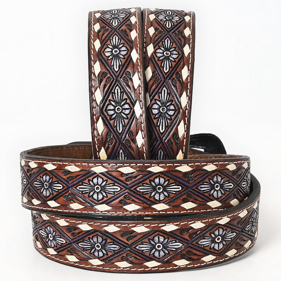 Bar H Equine Hand Tooled Genuine Leather Crafted Dark Brown Unisex Western Belt Removable Buckle Full Grain